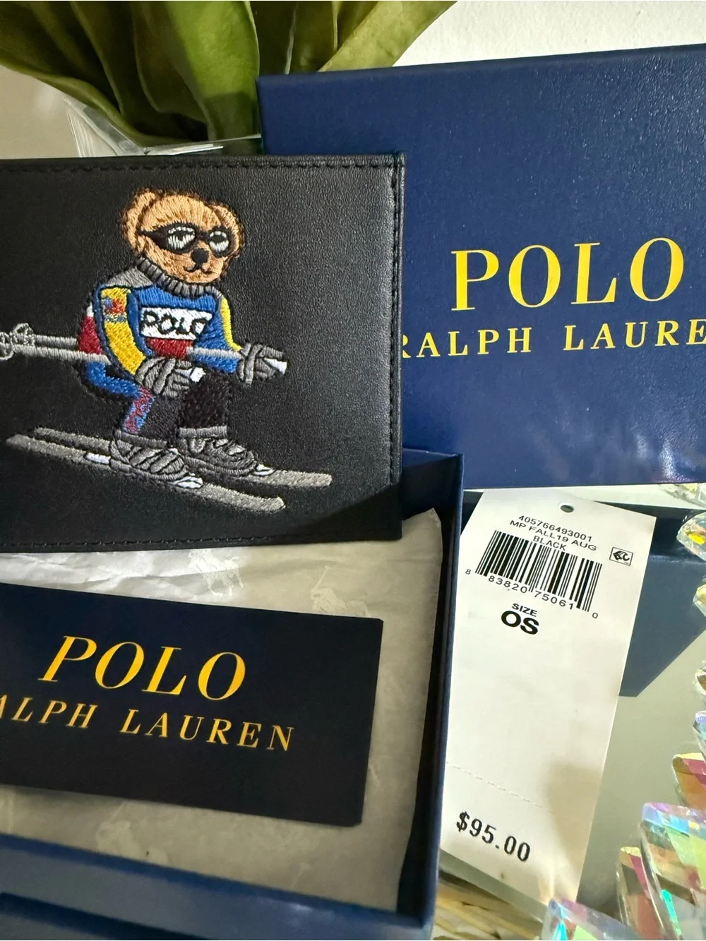 Polo Ralph Lauren Ski Bear Embroidered Leather Card Holder Black NWT Gift Box